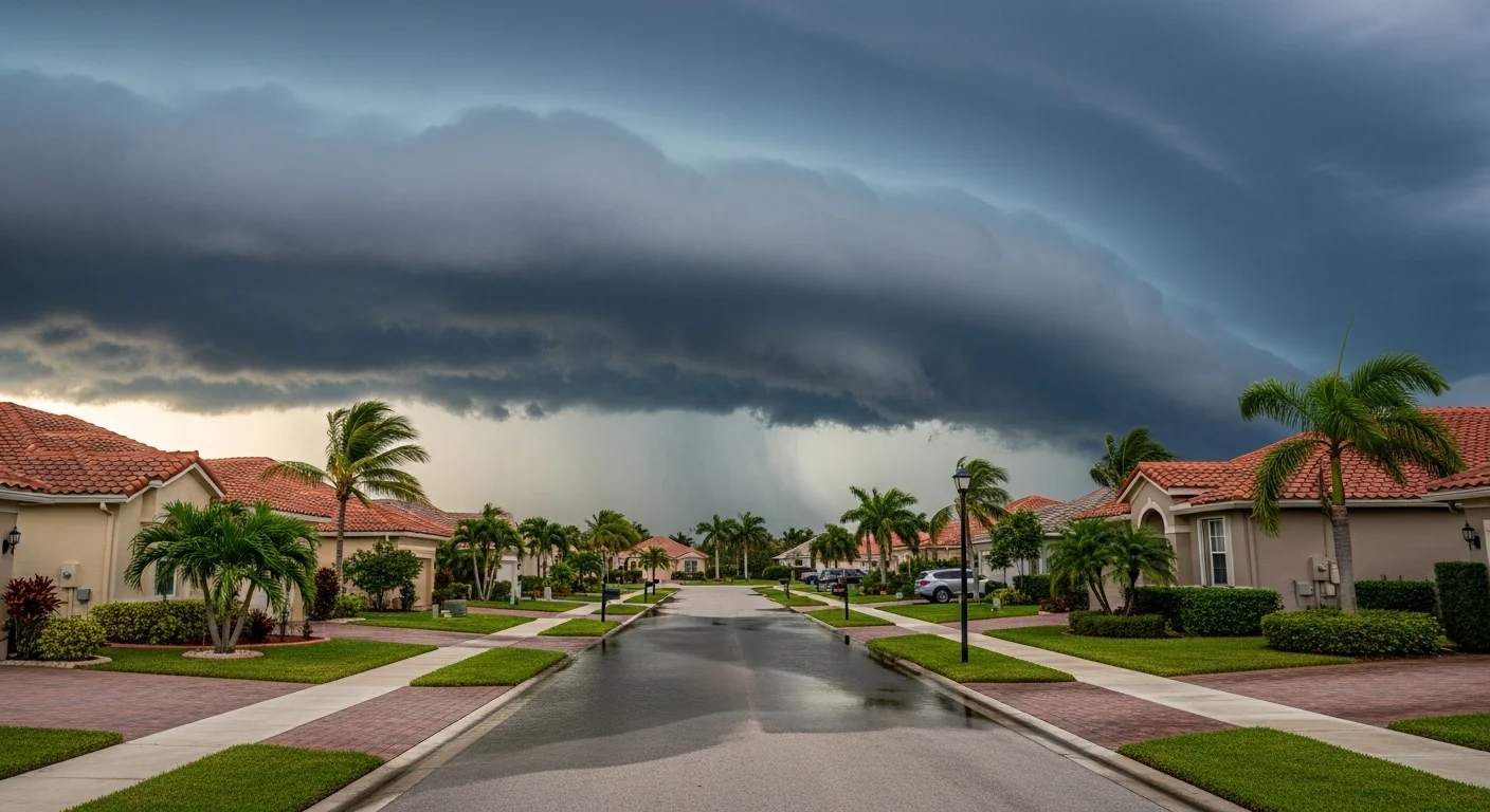 Storm clouds approaching Delray Beach FL coastline with darkening skies over residential neighborhoods