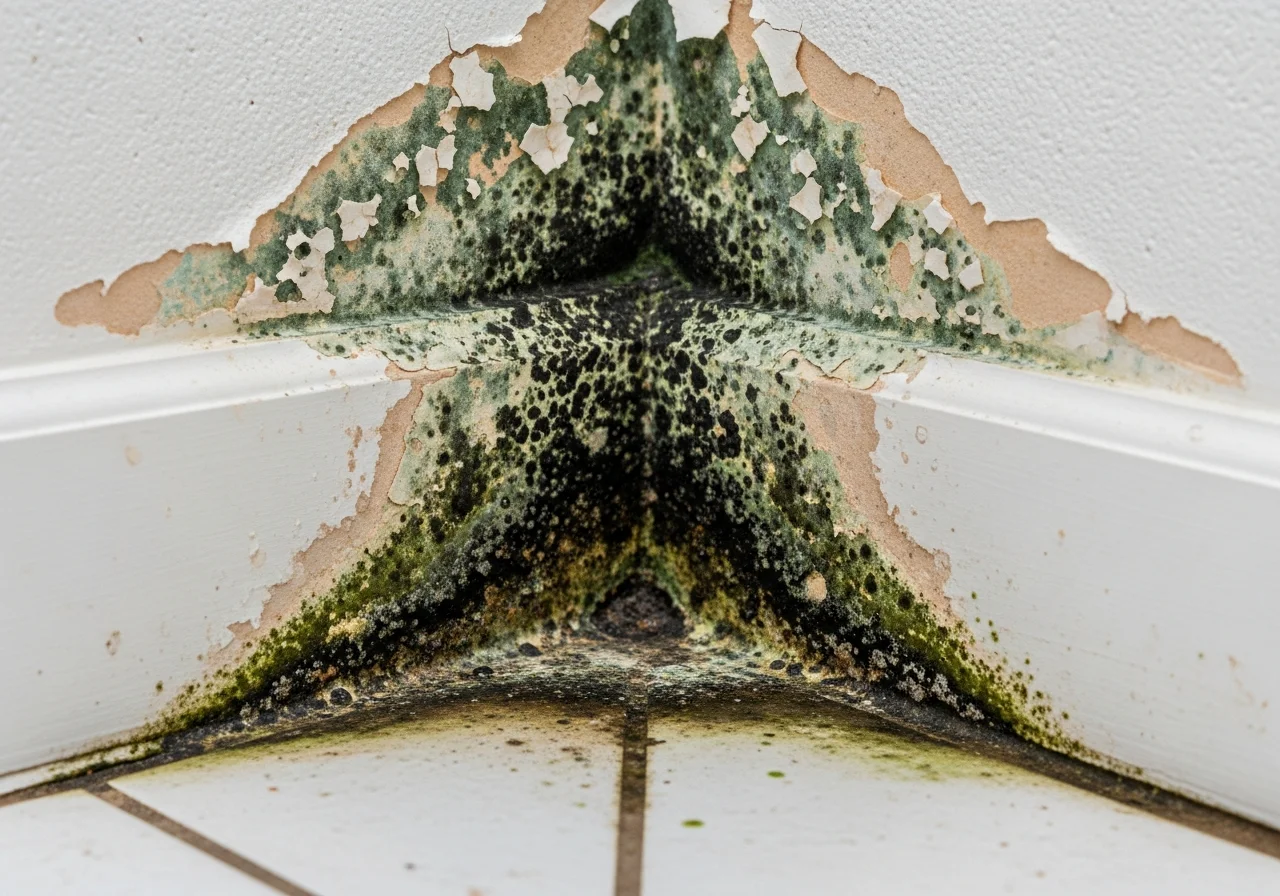 Mold damage on CBS concrete block wall detail in a Delray Beach FL home showing hidden growth behind drywall