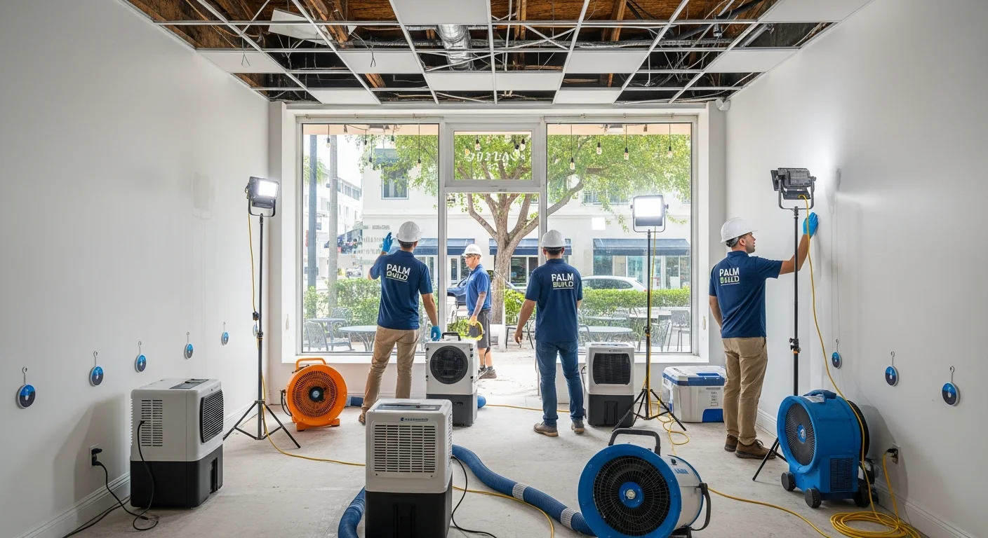 Palm Build commercial restoration crew working inside a flood-damaged retail space on Atlantic Avenue in Delray Beach, Florida