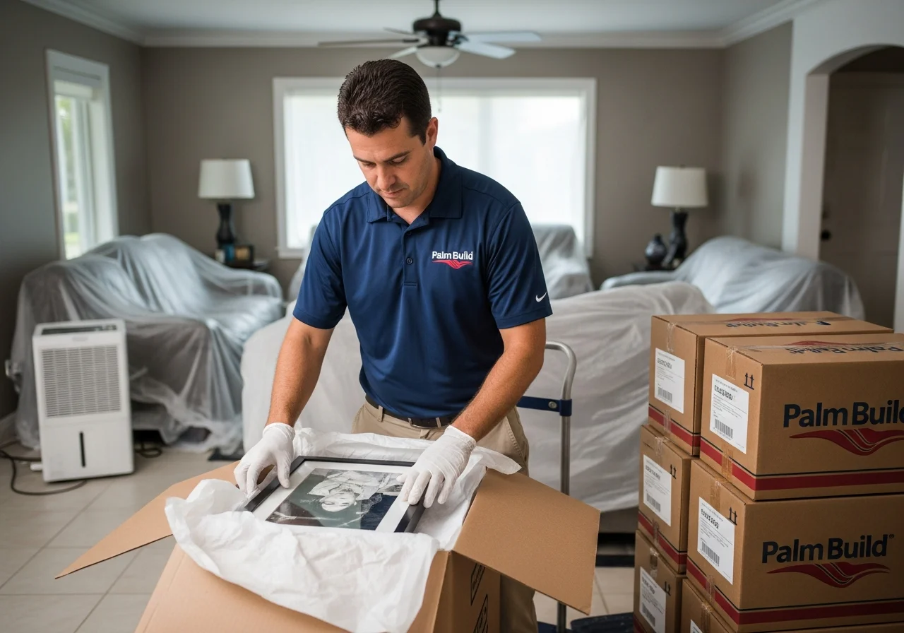 Palm Build contents specialist carefully packing valuables with protective materials in a Delray Beach, Florida home during restoration