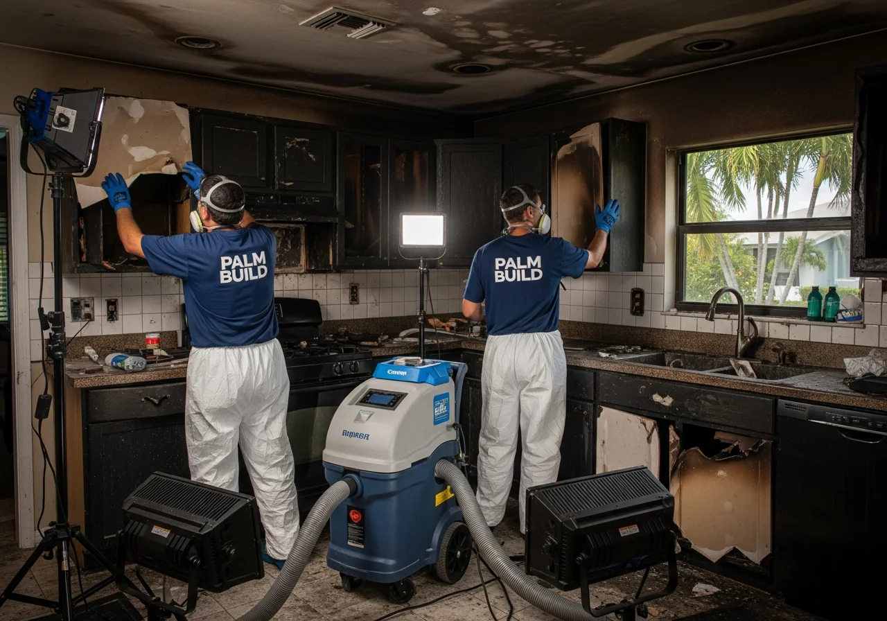 Palm Build restoration crew performing fire and smoke damage cleanup inside a Delray Beach, Florida home with HEPA air scrubbers deployed