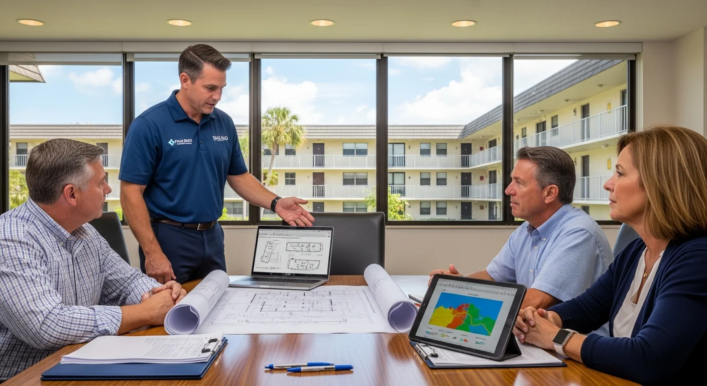 Palm Build project manager presenting restoration plans to a condominium HOA board at a Delray Beach, Florida community clubhouse