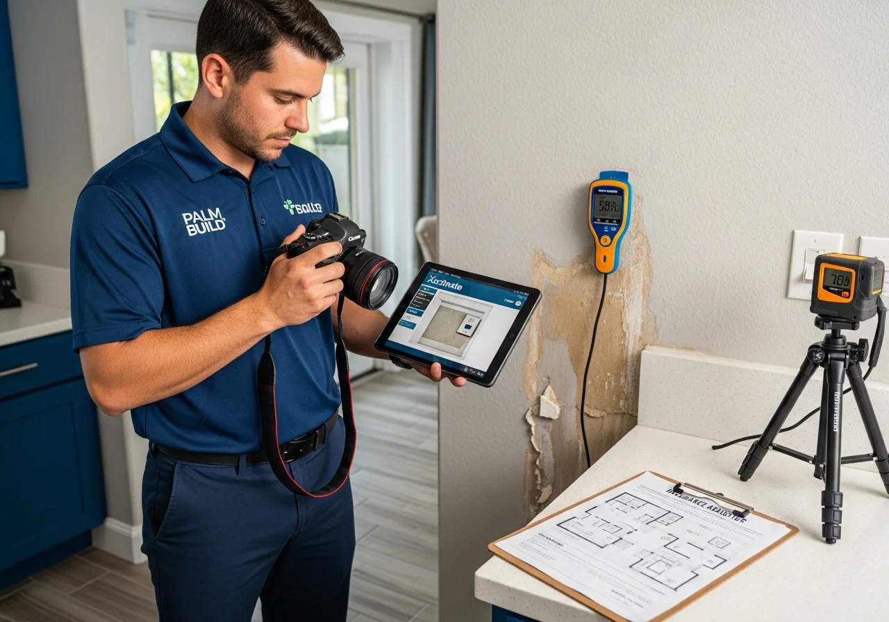 Palm Build technician documenting water damage with Xactimate software on a tablet in a Delray Beach, Florida home for insurance claims