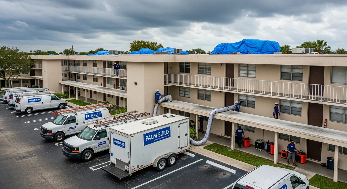 Multiple Palm Build trucks and crews deployed at a multi-unit condo restoration operation in Delray Beach, Florida