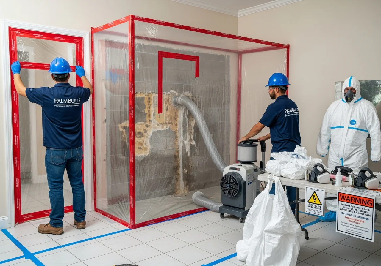 HVAC condensation mold remediation containment setup inside a Delray Beach FL home showing year-round humidity effects