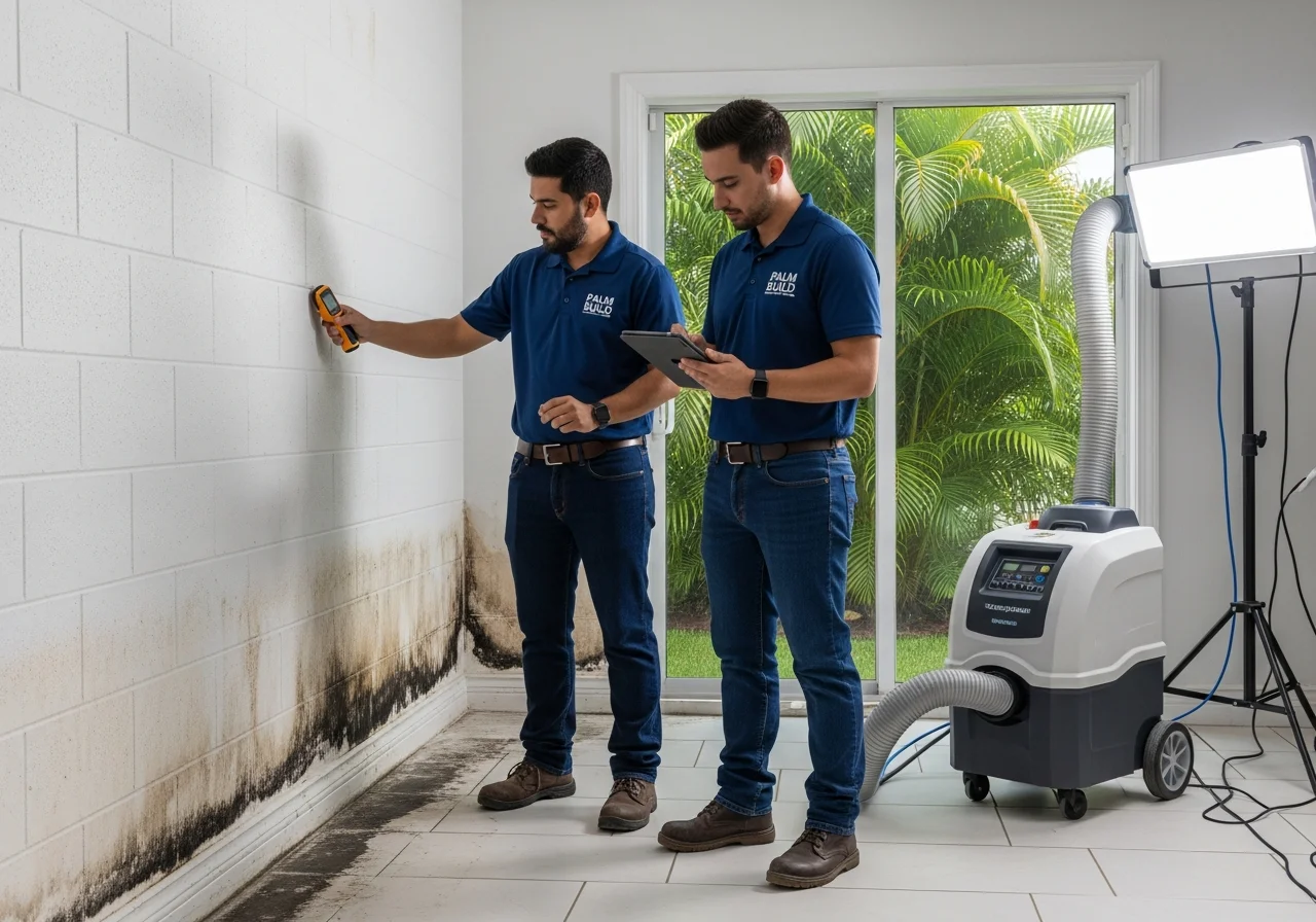 Palm Build technicians performing mold inspection with moisture meter on a CBS wall in a Delray Beach, Florida home