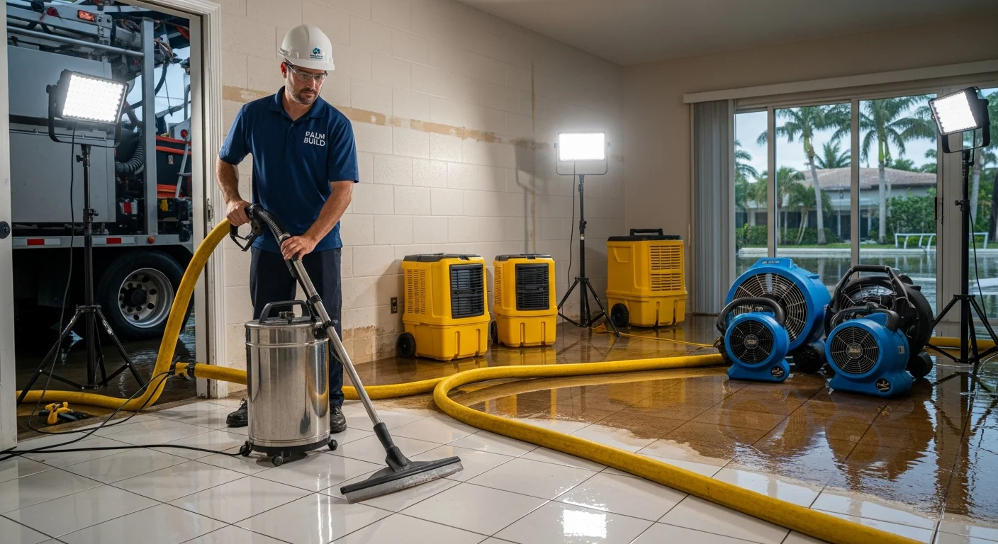 Palm Build crew performing water extraction in Delray Beach FL home interior after storm damage flooding