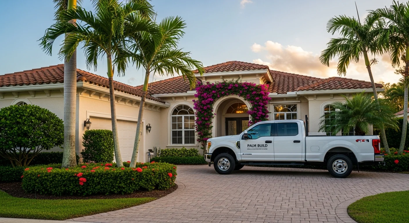 Palm Build restoration truck parked at a CBS stucco home with barrel tile roof in Delray Beach, Florida with Royal Palm trees and bougainvillea