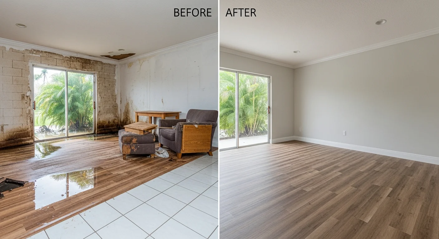 Before and after comparison of water damage reconstruction in a Delray Beach FL property