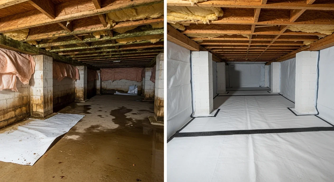Professionally encapsulated crawl space after restoration showing clean white vapor barrier, dry pier blocks, and drainage matting