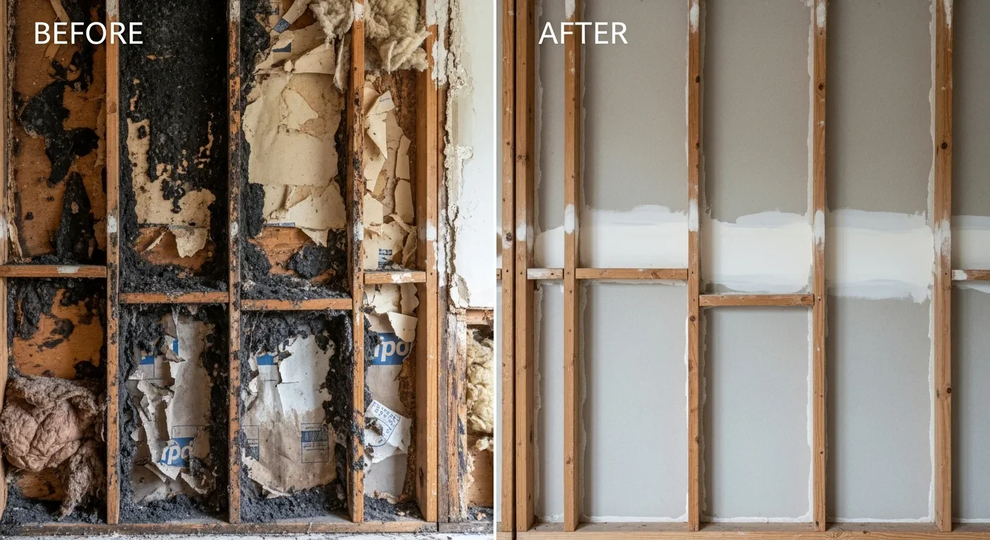 Before and after mold remediation comparison showing wall cavity with mold growth versus clean treated structural wood