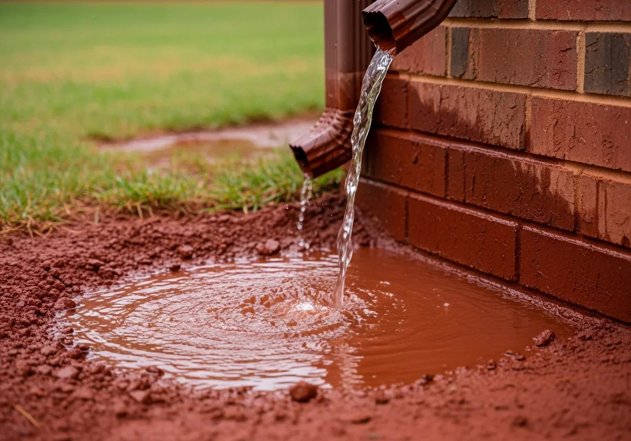 Saturated clay-red Piedmont soil next to a brick home foundation in Denver NC with standing water pooling around a downspout discharge point