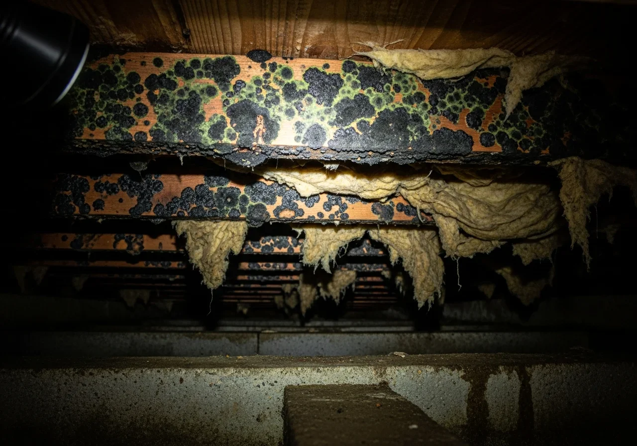 Dark mold growth on wooden floor joists in a crawl space beneath a Denver NC home near Lake Norman