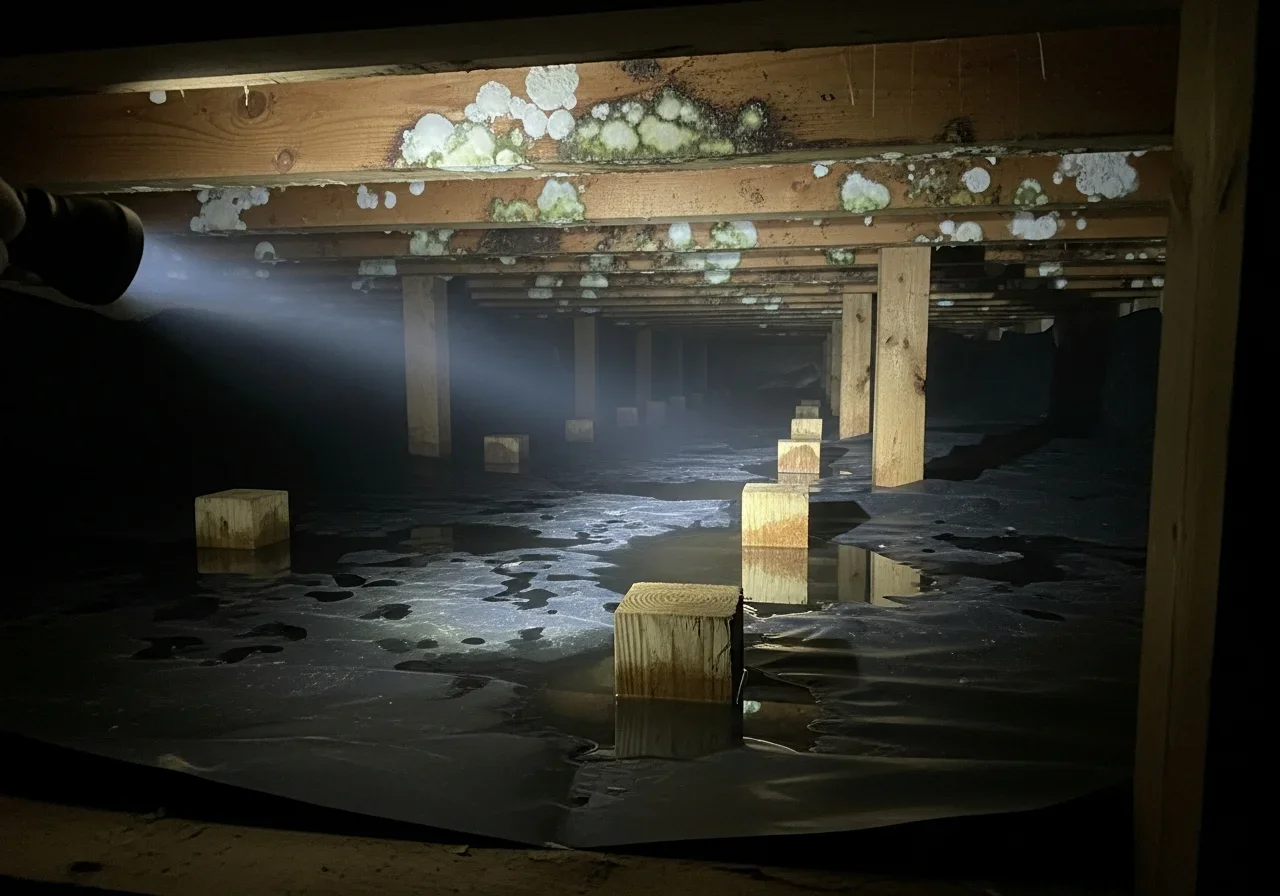 Flooded crawl space under a Denver NC home with standing water, wet vapor barrier, and moisture-stained floor joists