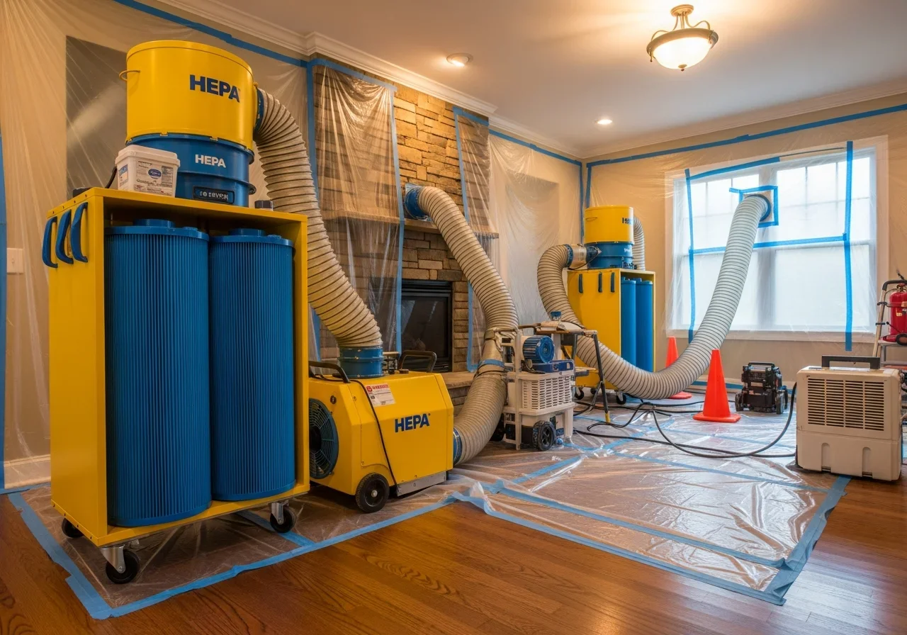Commercial HEPA air scrubber and negative air machine staged in a Denver NC home during mold remediation