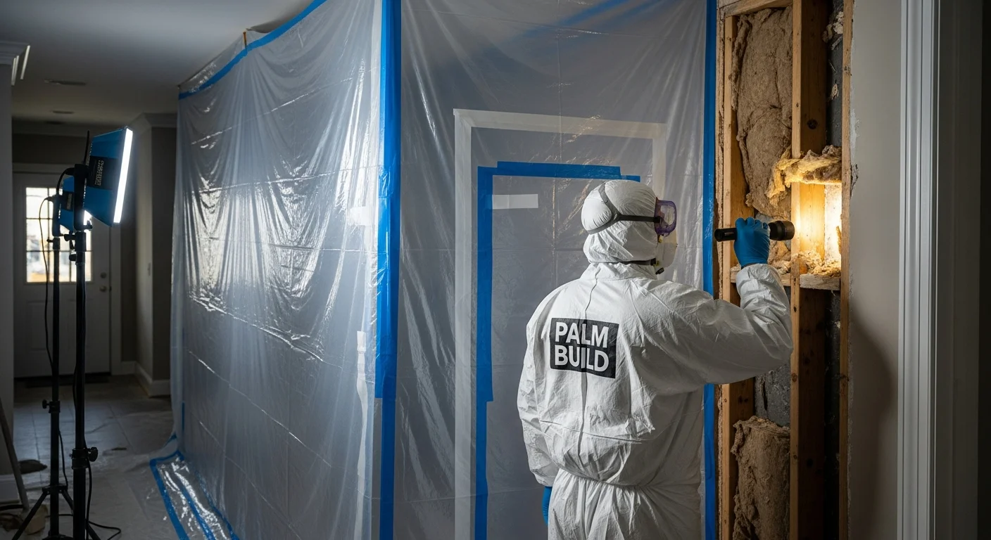 Palm Build technician in full PPE setting up containment barrier in a Denver, North Carolina home undergoing professional mold remediation, plastic sheeting installed in hallway