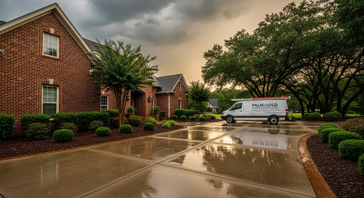 Brick-front HOA home in Denver, North Carolina's Lake Norman suburb after a thunderstorm, wet driveway with Palm Build restoration van parked outside, overcast sky breaking into late afternoon light