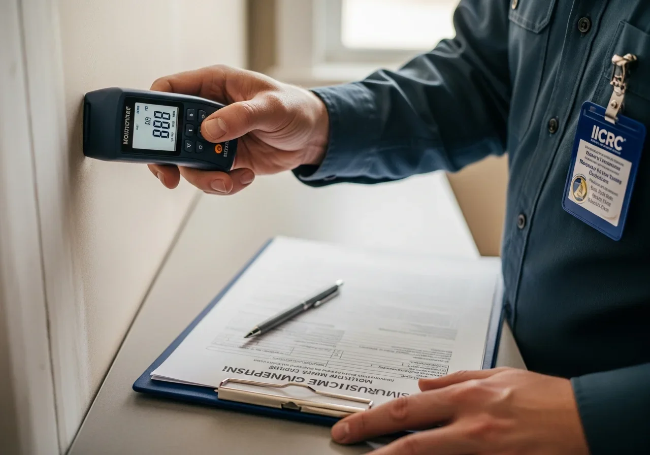 Restoration professional holding a digital moisture meter against a wall with IICRC documentation clipboard and insurance paperwork in a Denver NC home