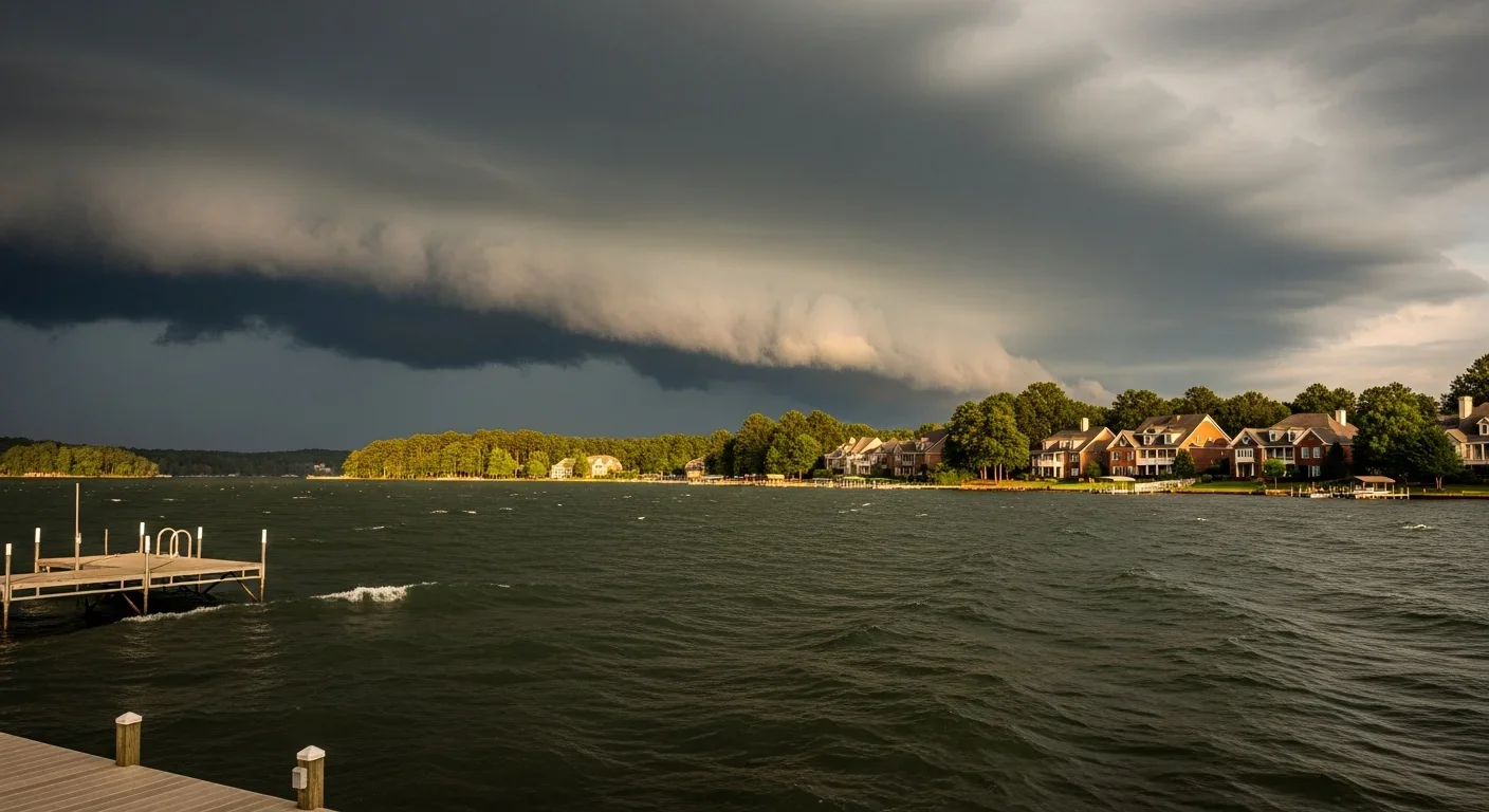 Lake Norman shoreline in Denver NC during an approaching thunderstorm with dark clouds building over the water and suburban HOA homes visible along the far shore