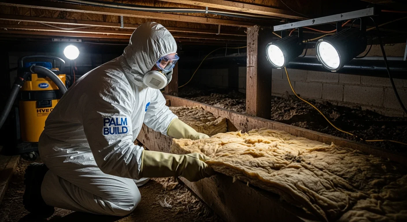 Palm Build technician in full PPE removing mold-damaged insulation from a crawl space beneath a Denver NC home during IICRC S520 remediation