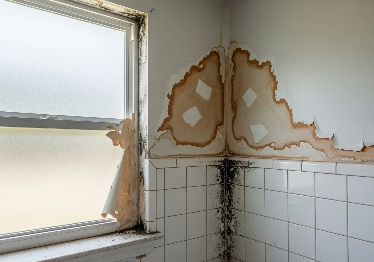 Bathroom mold warning signs in a Denver NC home including grout mold, ceiling staining, and humidity damage on drywall