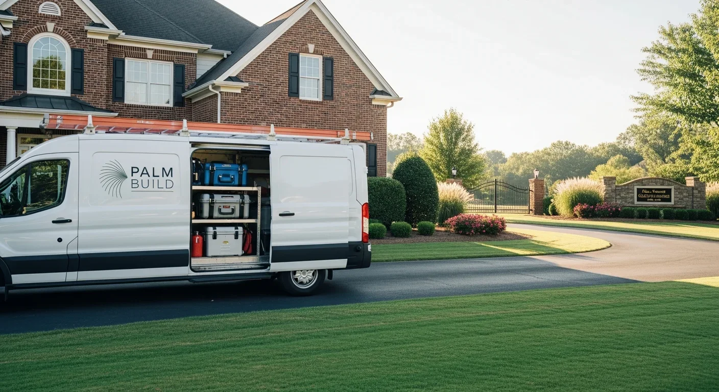 Palm Build restoration van parked in the driveway of a brick-front HOA home in Denver NC's Lake Norman suburb with manicured landscaping