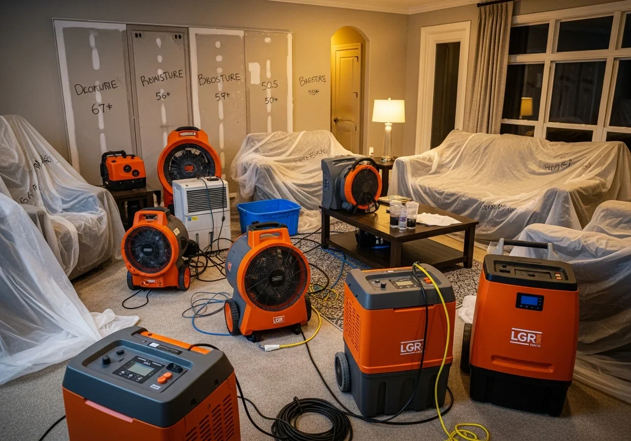 Commercial air movers and LGR dehumidifiers staged in a Denver NC living room during structural drying after water damage