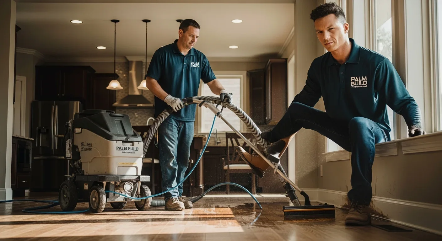 Palm Build technician operating commercial water extraction equipment in a premium Lake Norman area home during active restoration