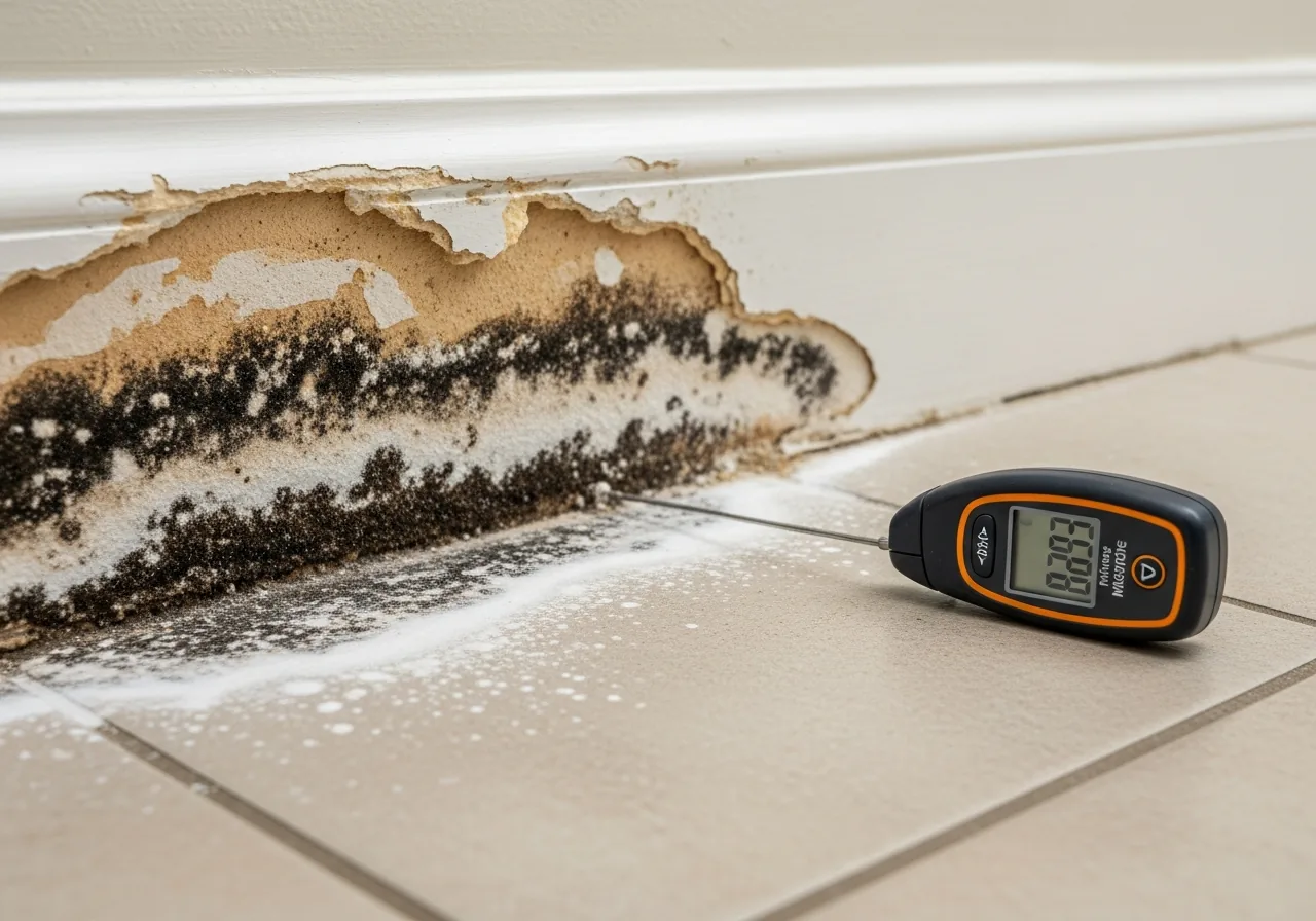 Mold growth along baseboard and wall base from slab moisture vapor transmission in a Fort Lauderdale FL home