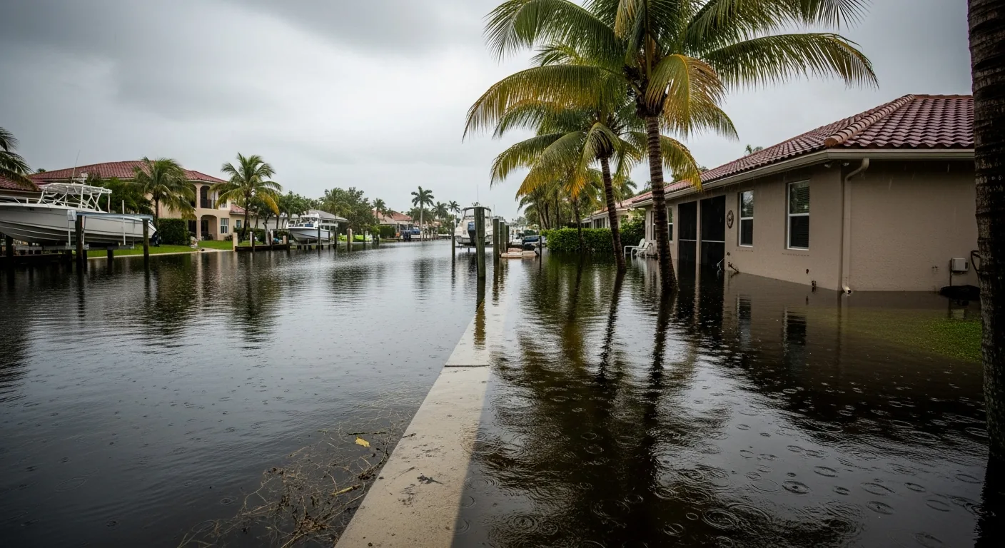 Aerial view of Fort Lauderdale canal-front CBS stucco homes with water levels elevated near seawalls during a rain event in Broward County Florida