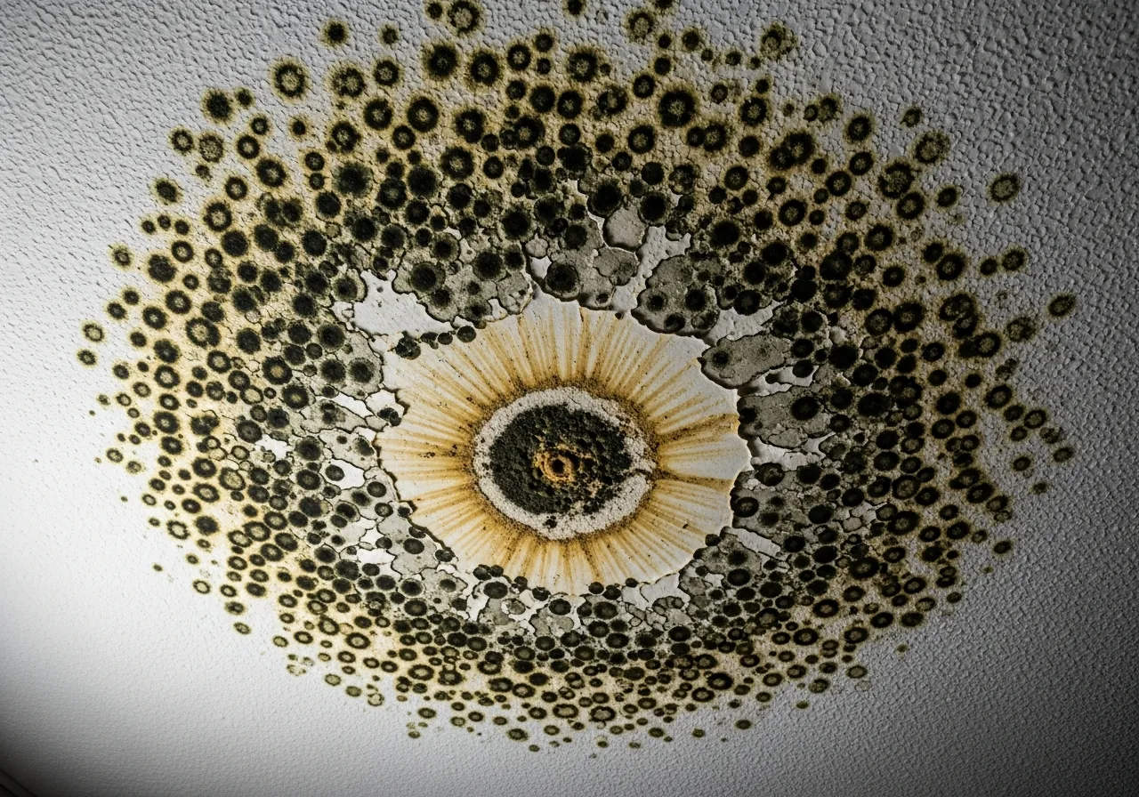 Ceiling mold damage from flat roof leak in a Fort Lauderdale FL home showing dark mold staining and water damage