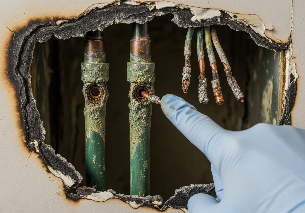 Corroded copper plumbing and blackened drywall from Chinese drywall hydrogen sulfide emissions in a Fort Lauderdale FL home