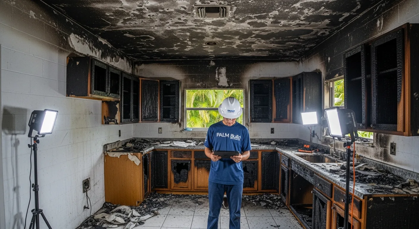 Palm Build restoration team responding to fire damage at a CBS stucco home in Fort Lauderdale, Florida with tropical landscaping and canal visible