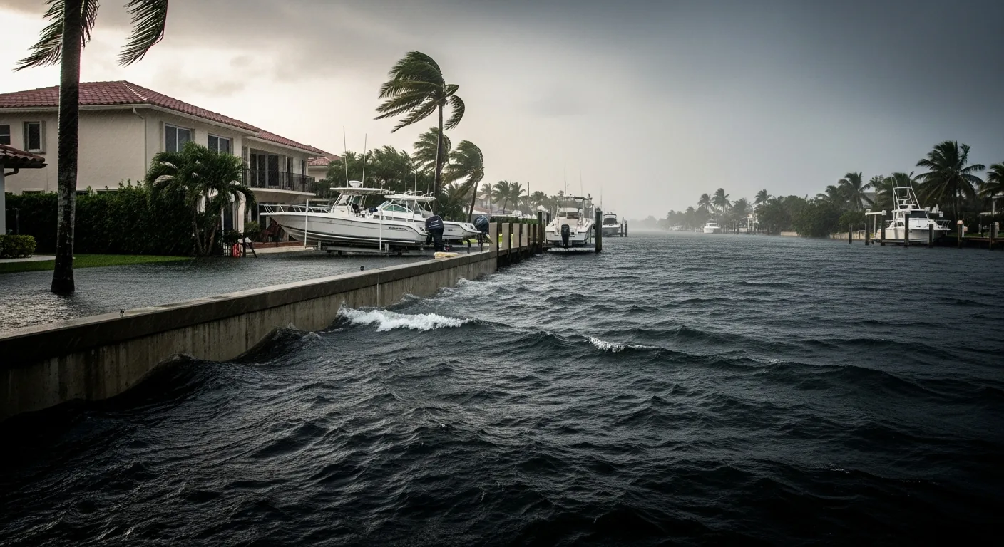 Storm surge pushing through Fort Lauderdale FL canal system during hurricane with water approaching waterfront properties