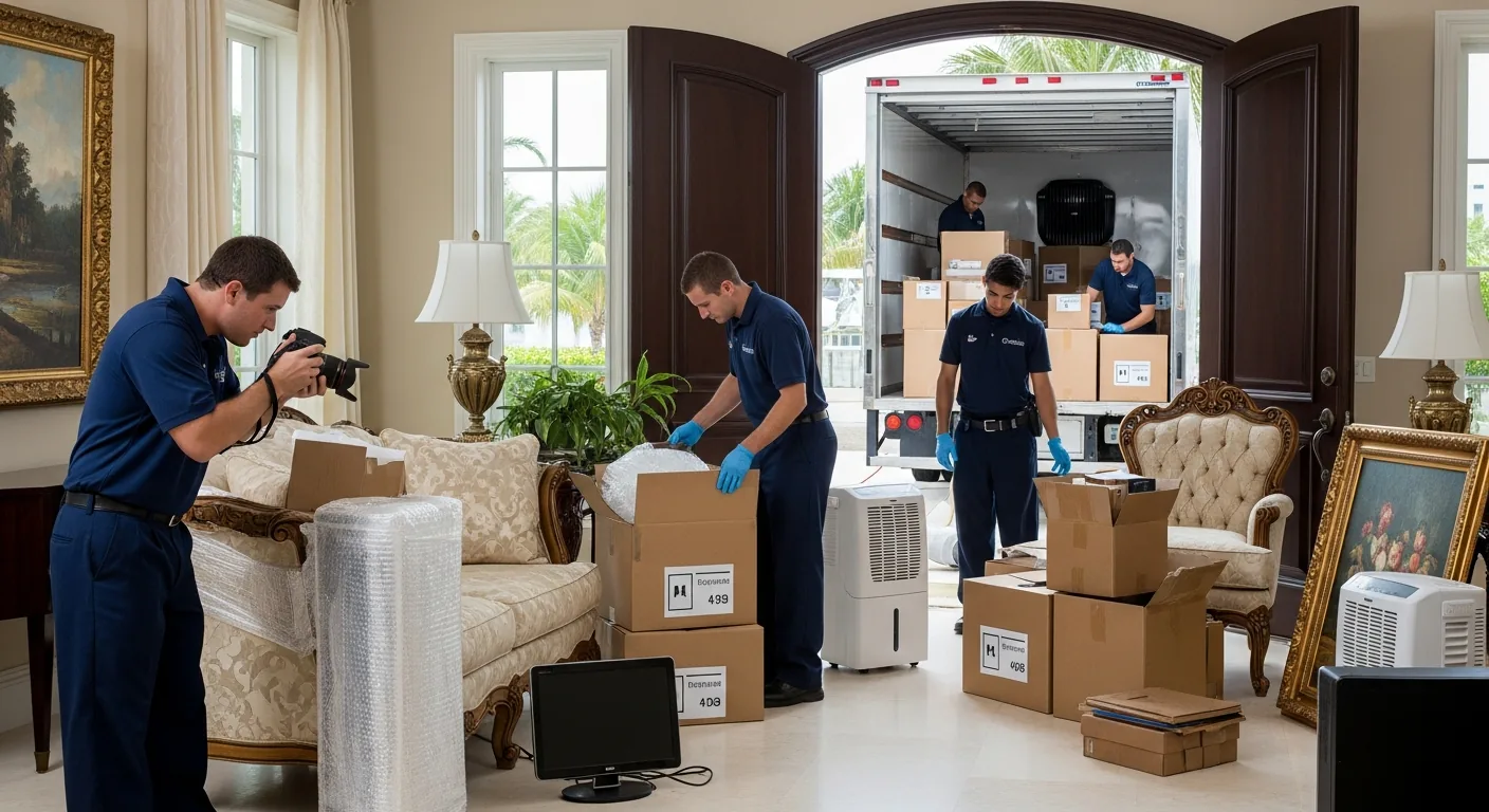 Professional contents restoration in progress at a Fort Lauderdale FL waterfront home showing careful pack-out of luxury furnishings