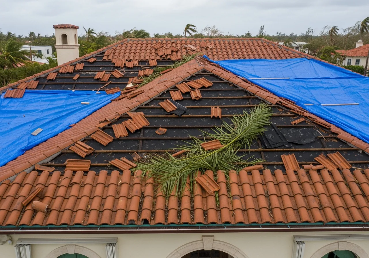 Hurricane wind damage to tile roof on Fort Lauderdale FL home showing displaced tiles and exposed underlayment