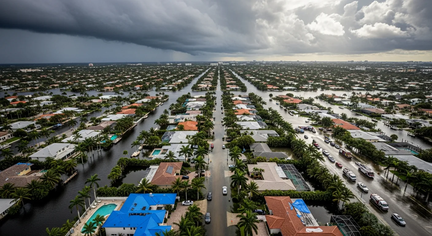 Flooded residential street in Fort Lauderdale FL during severe storm event with water covering roadway and approaching waterfront homes