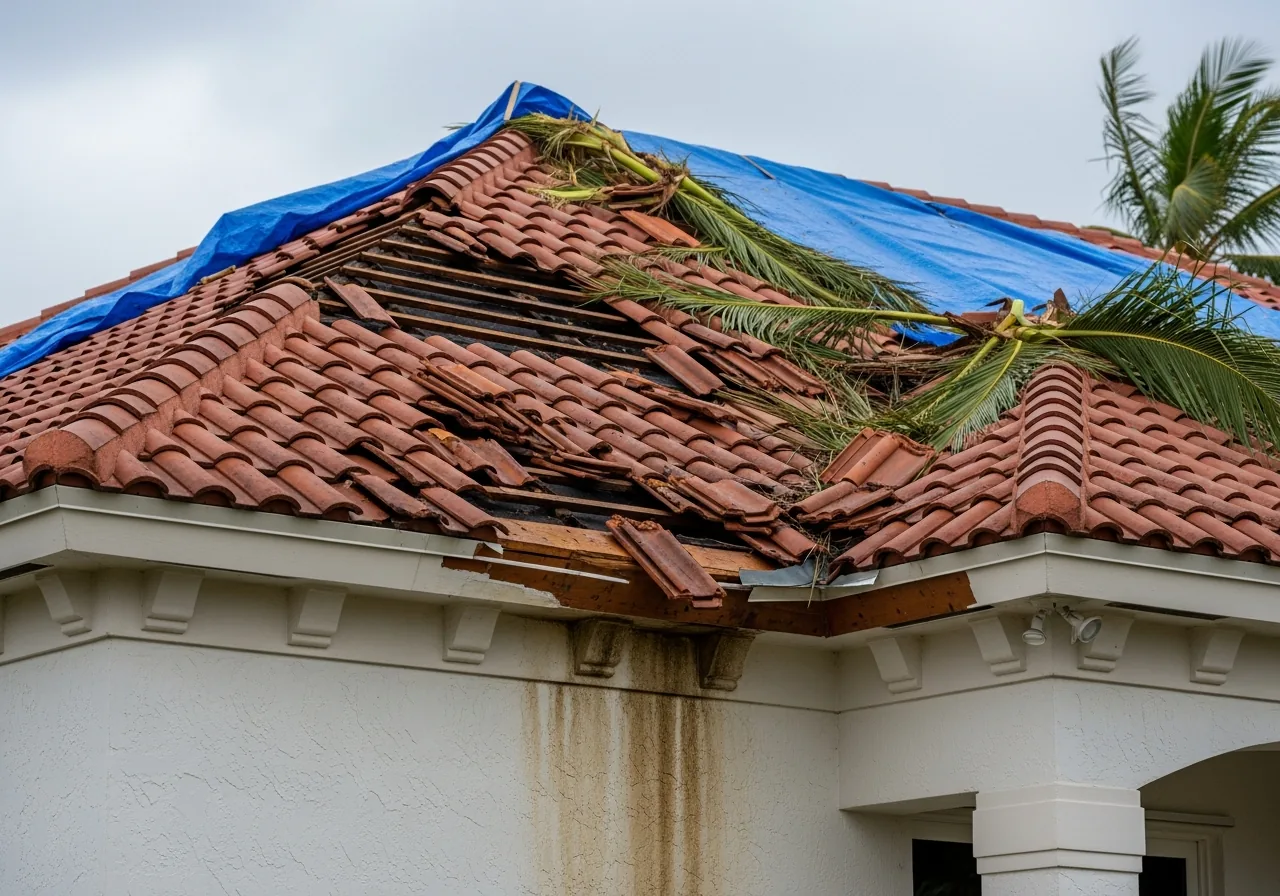 Wind-driven rain intrusion through displaced clay barrel tile roof on a Fort Lauderdale home during hurricane season