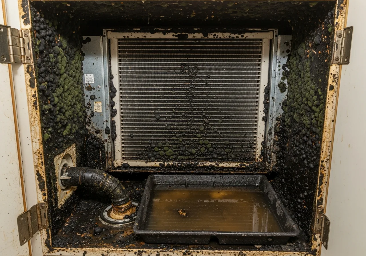 Mold growth inside an HVAC closet air handler unit in a Fort Lauderdale FL home caused by condensation drain failure