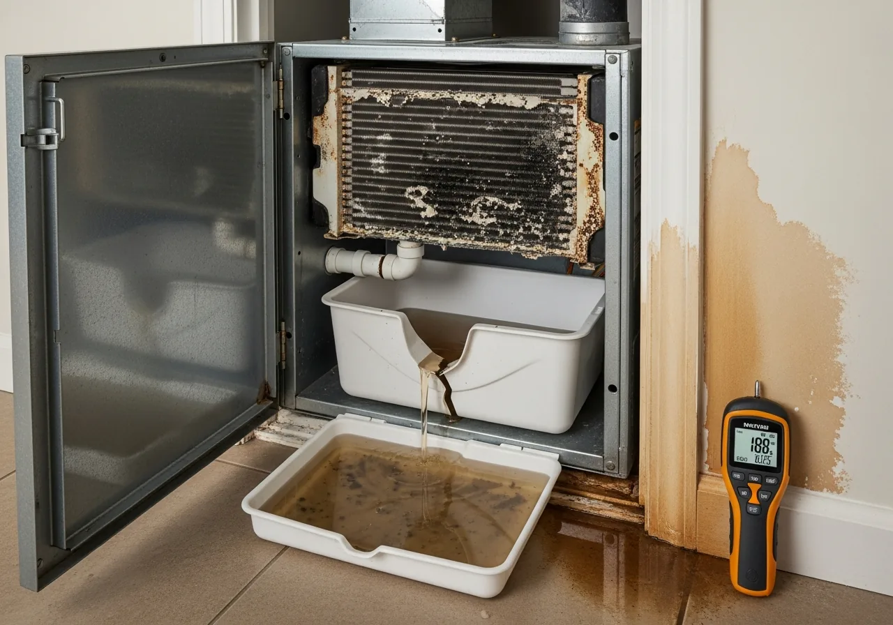 Clogged HVAC condensate drain line and corroded drip pan causing mold growth in a Fort Lauderdale FL coastal home