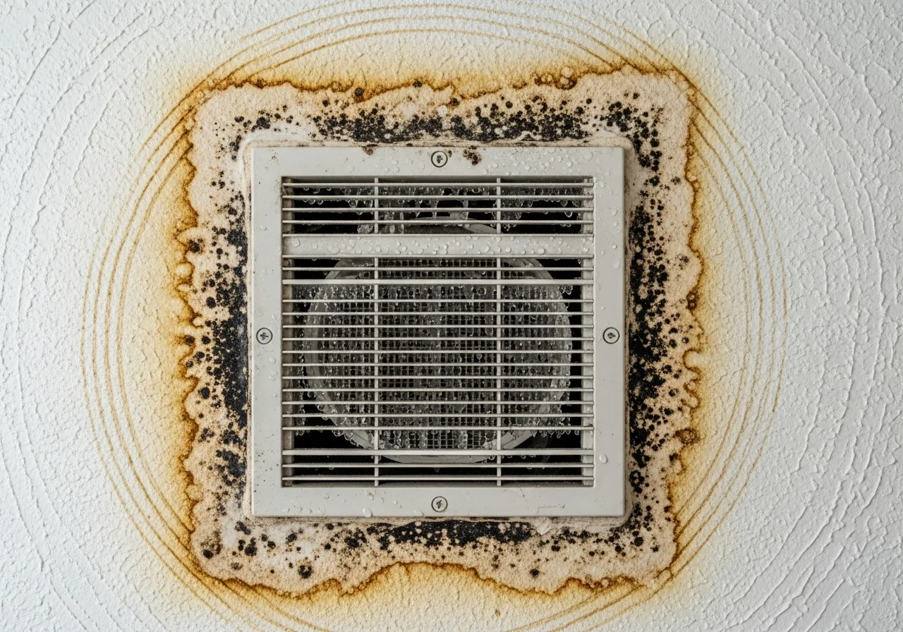 HVAC air handler closet showing condensate overflow and mold growth from blocked drain line in Fort Lauderdale Florida home