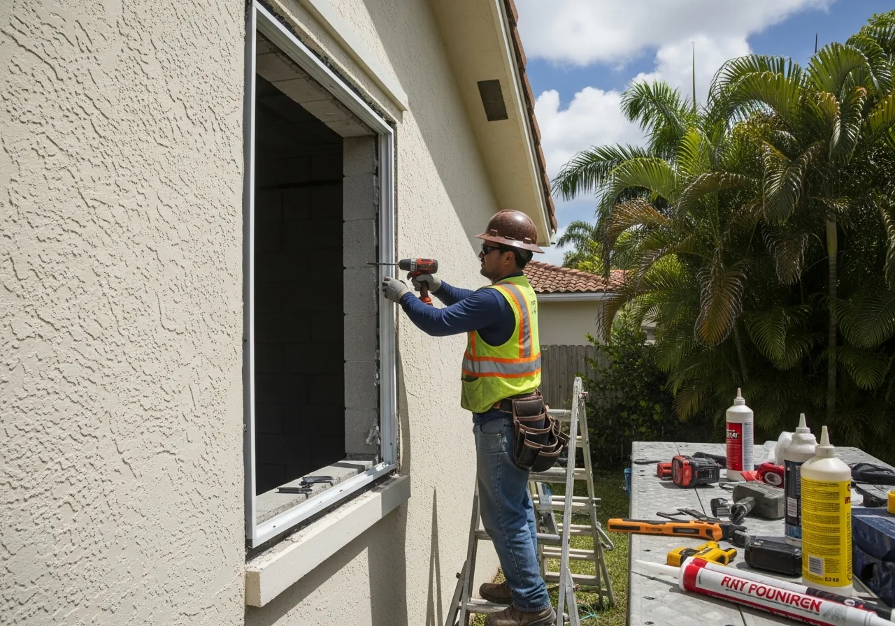 HVHZ-rated impact window installation during reconstruction at a Fort Lauderdale Florida home