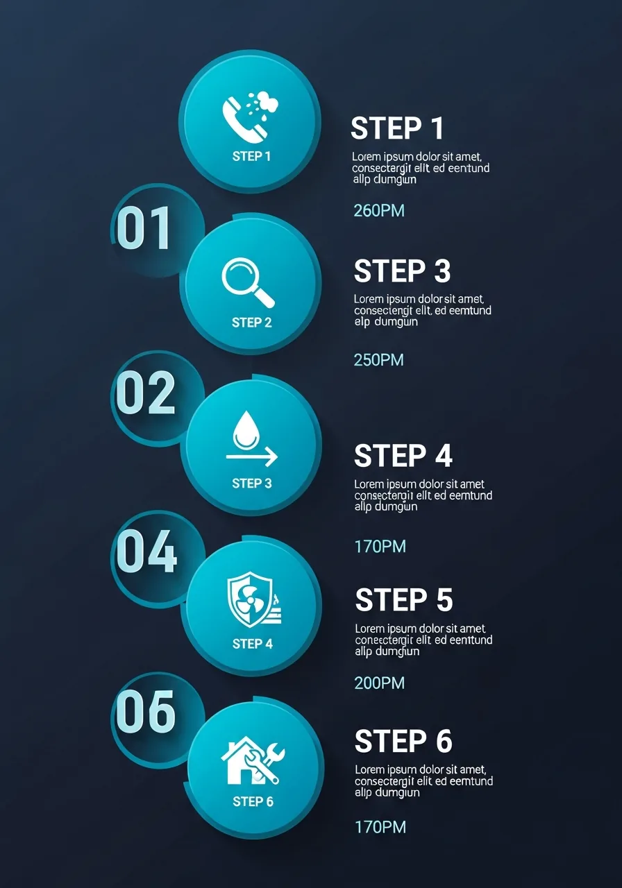 Infographic showing Palm Build's 6-step water damage restoration process for Fort Lauderdale FL homes