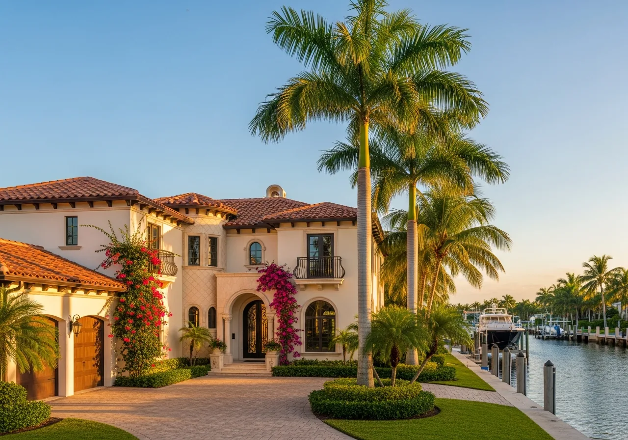 Mediterranean Revival architecture in Fort Lauderdale FL featuring barrel tile roof, arched openings, and textured stucco typical of Las Olas and Harbor Beach
