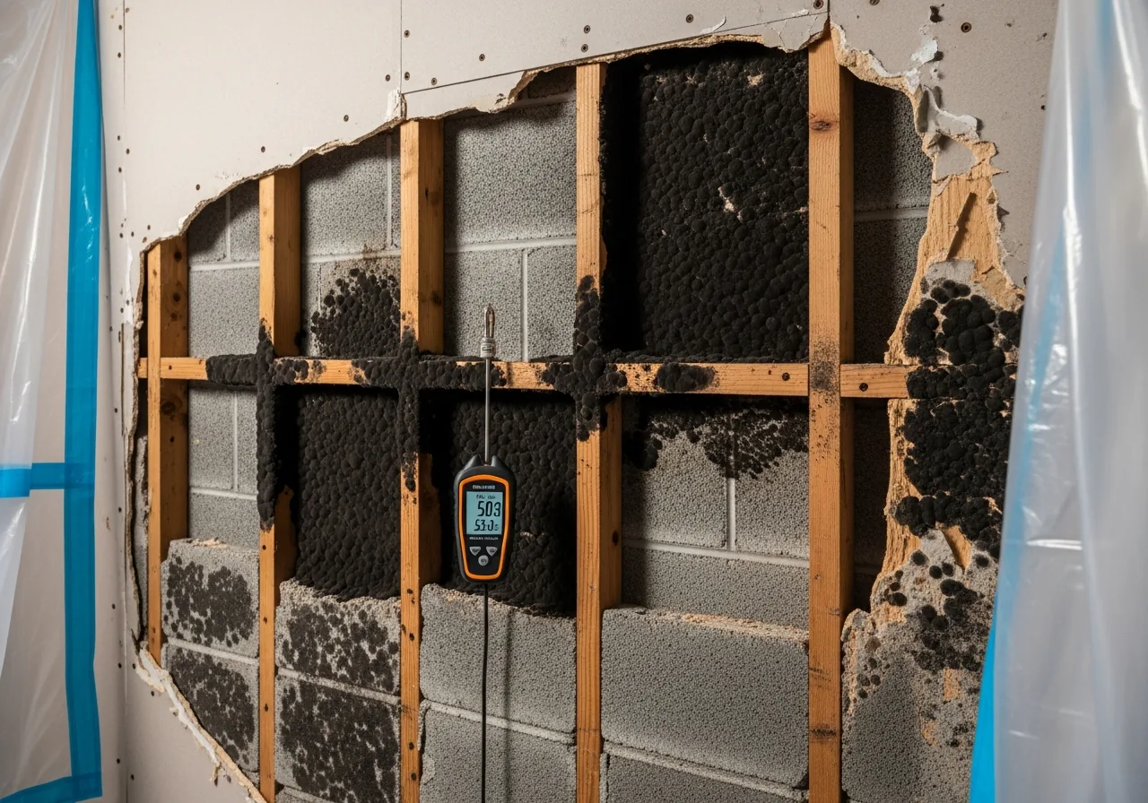 Hidden mold growth behind drywall on CBS concrete block wall in a Fort Lauderdale FL stucco home