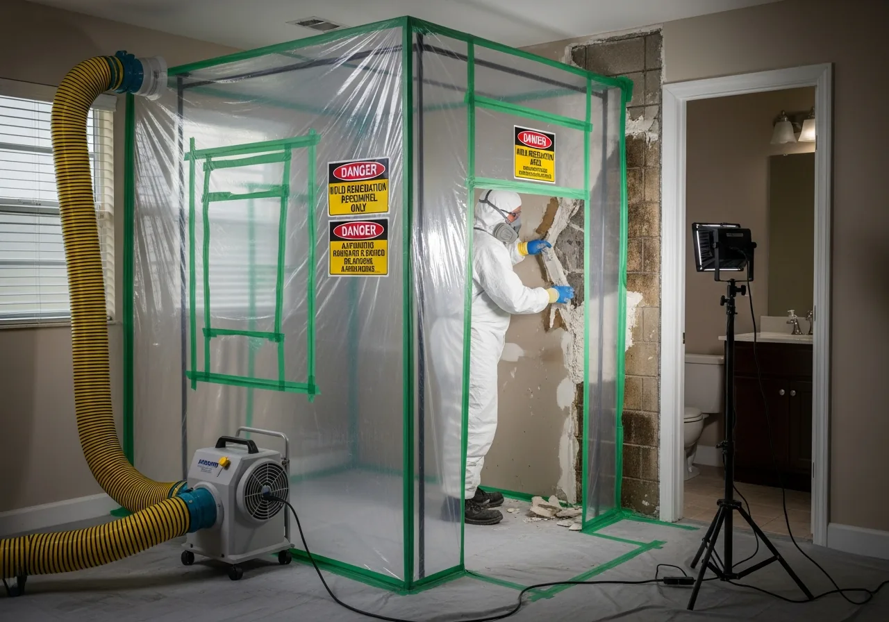 Professional mold remediation containment barrier with HEPA air scrubber setup in a Fort Lauderdale FL CBS stucco home