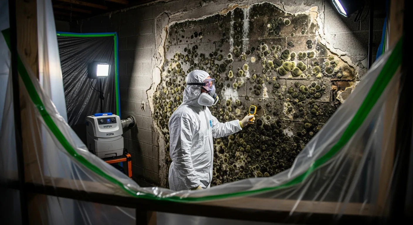 DBPR-licensed mold remediation technician performing moisture assessment in a Fort Lauderdale FL canal-front home