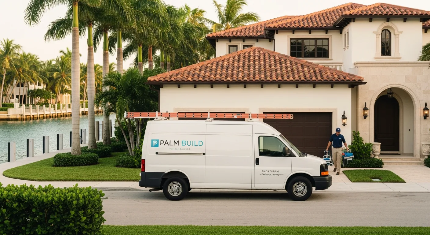 Palm Build restoration truck responding to a water damage emergency at a CBS stucco home along a Fort Lauderdale canal with palm trees and seawall visible