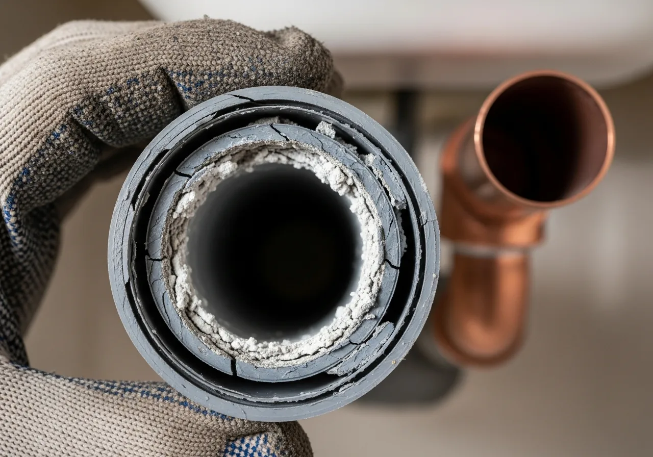 Close-up of degraded polybutylene plumbing pipe showing interior deterioration in a Fort Lauderdale home built in the 1980s