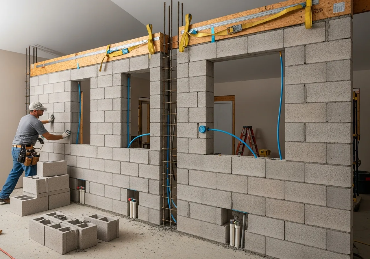 CBS wall reconstruction in progress at a Fort Lauderdale FL home with HVHZ-compliant structural upgrades and hurricane straps visible